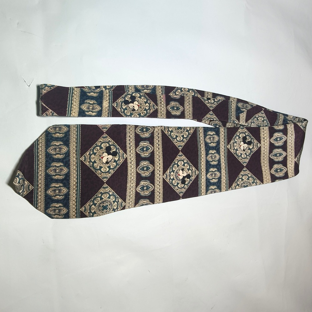 Vintage Mickey Inc Disney Silk Tie Burgundy Teal Geometric Medallion Necktie